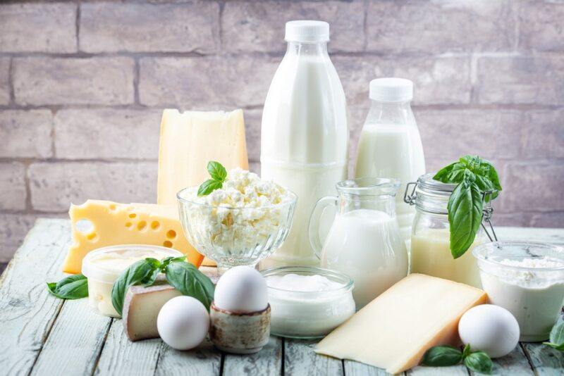 A collection of dairy ingredients on a table, including milk, cheese, eggs, yogurt and the like