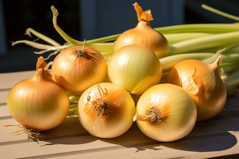 A wooden table with a collection of yellow onions close together, all still peeled