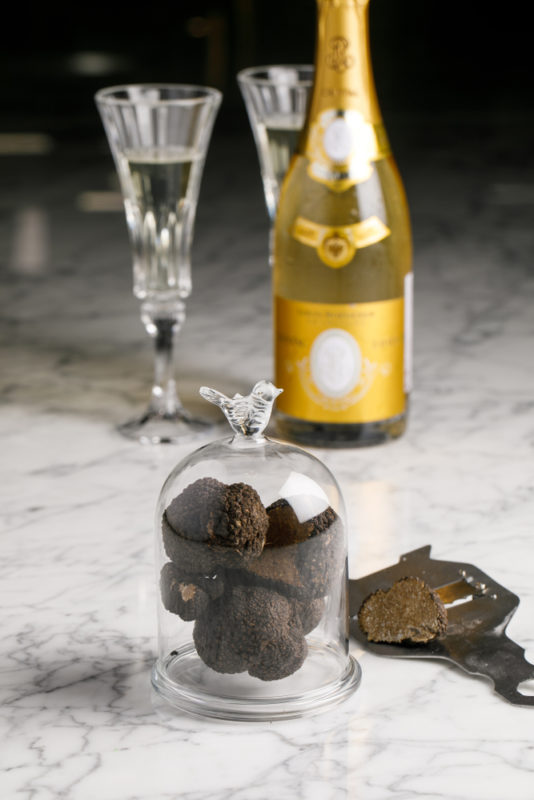 Two glasses of champagne, a bottle of champagne and black truffles in a glass dome