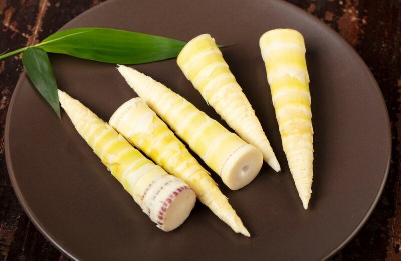 A dark brown plate containing the tips of five edible bamboo shoots, plus a few leaves.