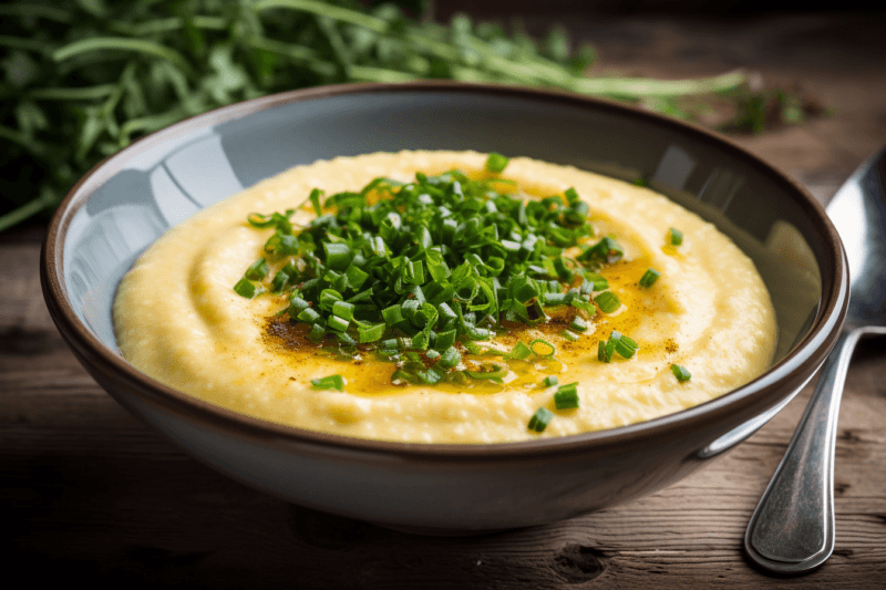 A large black bowl containing creamy polenta, garnished with parsley or chives