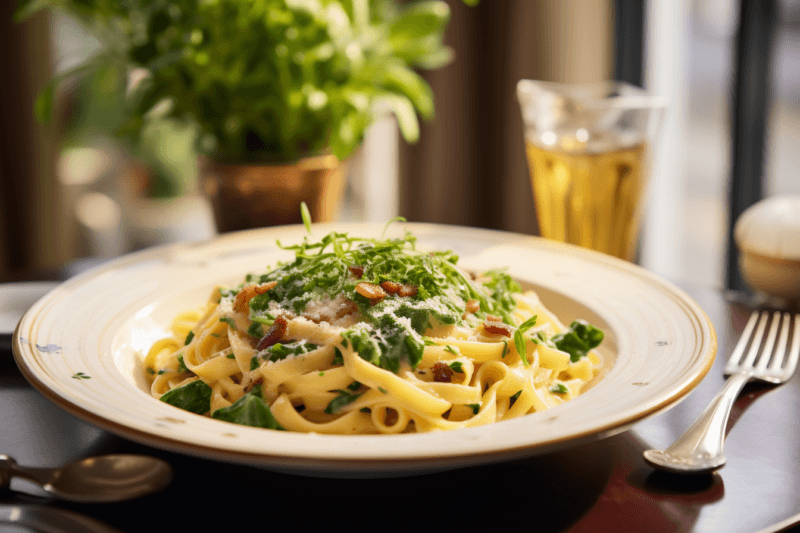 A large white plate filled with a fresh pasta dinner that's been garnished with greens. There is a glass of beer and a plant in the background.