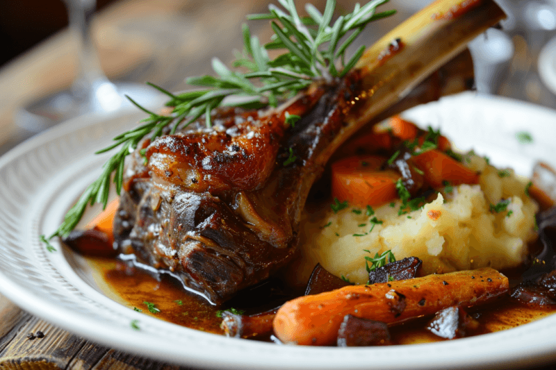 A white plate with a delicious lamb shank dinner, mash, and roast vegetables