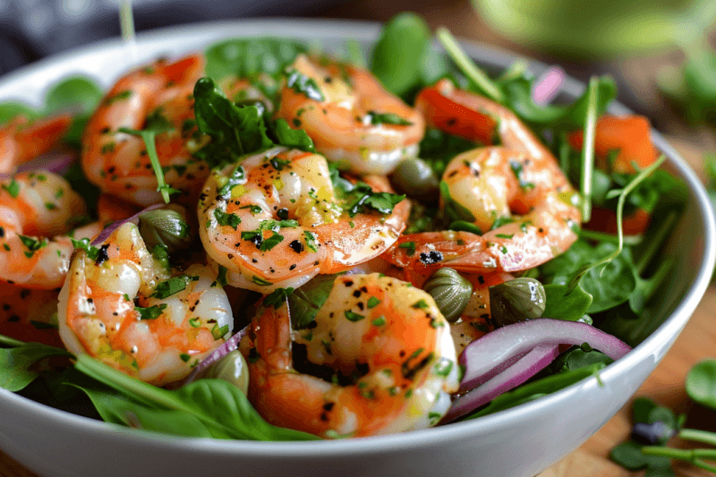 A large white bowl containing greens, fresh shrimp, capers, and red onions