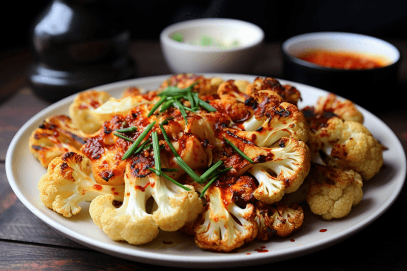 A wooden table with a large white plate containing Korean cauliflower, topped with spices and chives.