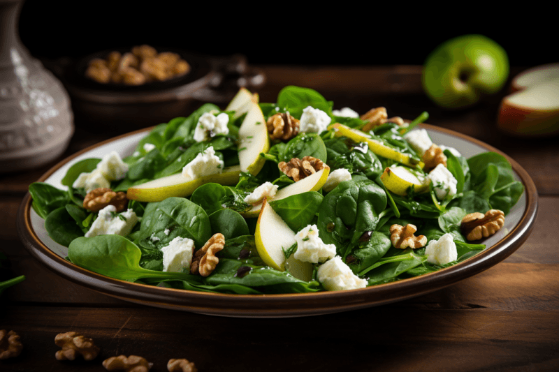 A large brown bowl containing a salad made using spinach, pear, goat cheese, and walnuts.