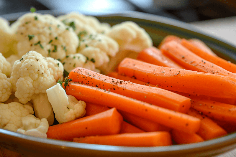 A large dish of steamed cauliflower and steamed carrots that might be served alongside shrimp or a different main