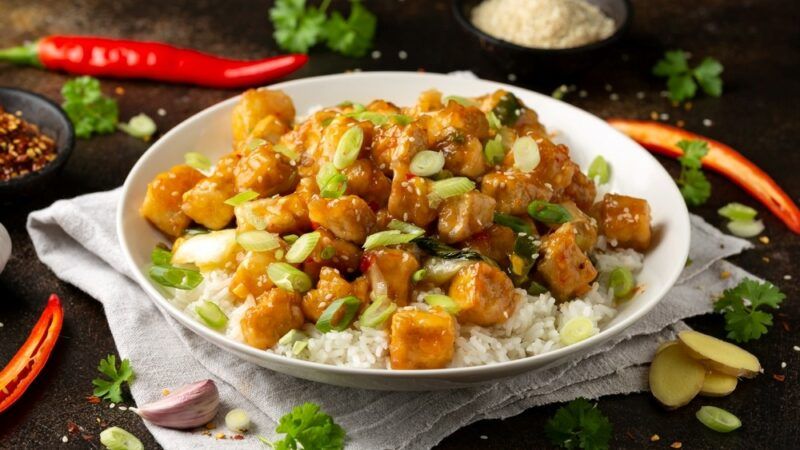 A dish of Chinese chicken, made using a plant-based chicken alternative