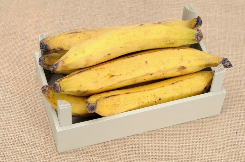 A white box containing a pile of yellow plantains