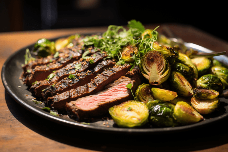 A dark colored plate on a table, with a meal of sliced beef and roasted Brussels sprouts