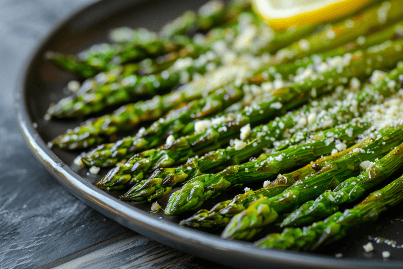 A large black dish filled with roasted asparagus, which has been seasoned with lemon and parmesan.