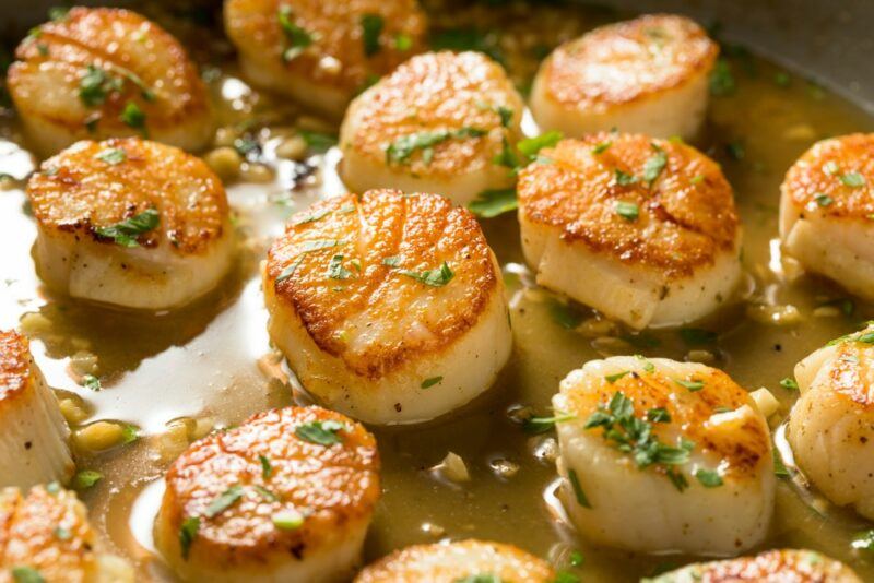 A dozen or so cooked scallops in a fry pan