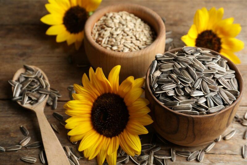 Two wooden bowls of sunflower seeds, some shelled and some unshelled. There is a spoon of the seeds too, along with some sunflowers