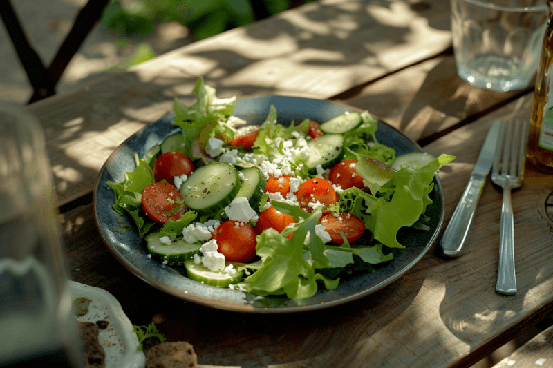 A large plate containing a fresh salad on a picnic table