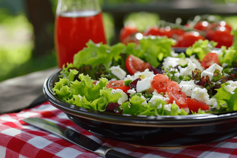 A large black dish containing a fresh salad made using lettuce, feta, and tomatoes