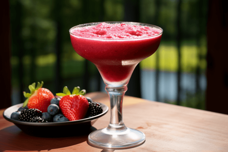 A frozen mixed berry daiquiri on a table with a small dish containing mixed berries