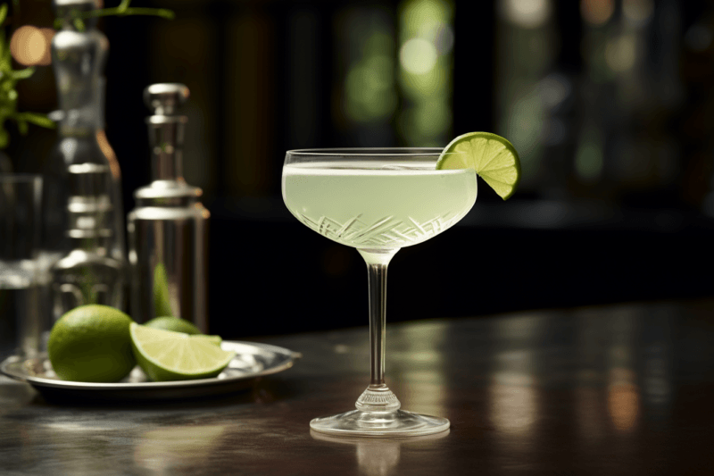 A single coupe glass containing a gimlet cocktail that has been garnished with a small wedge of lime. There are bar tools, a lime, and a lime wedge on the bar