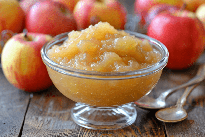 A glass dish containing applesauce on a wooden table with fresh red apples in the background, next to a couple of spoons