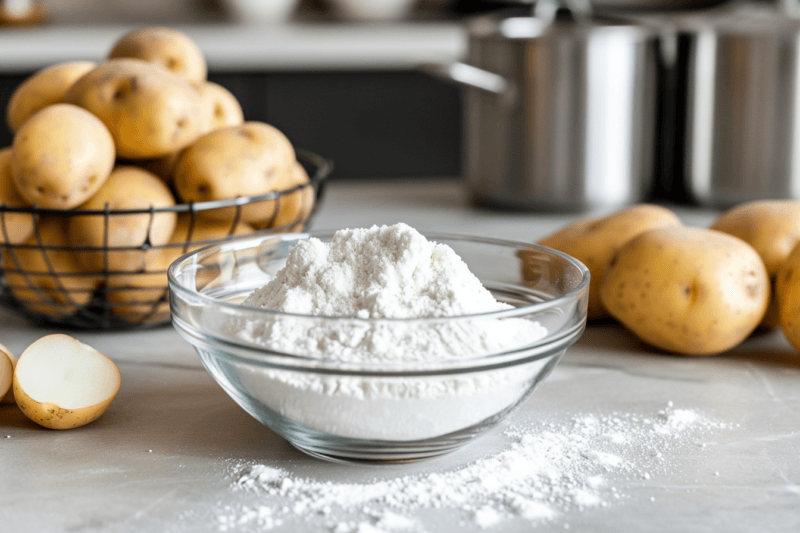 A glass bowl containing potato starch on a kitchen bench, with raw potatoes on either side and a pot in the background