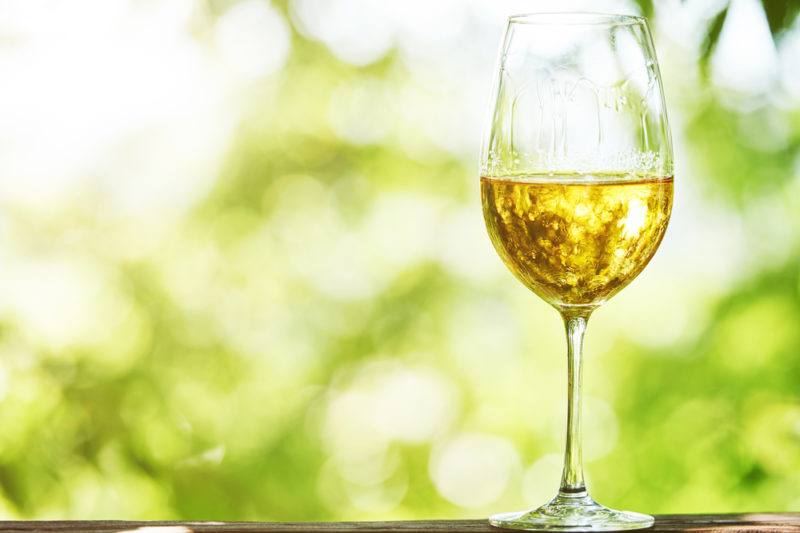 A glass of Viognier wine against a light green background