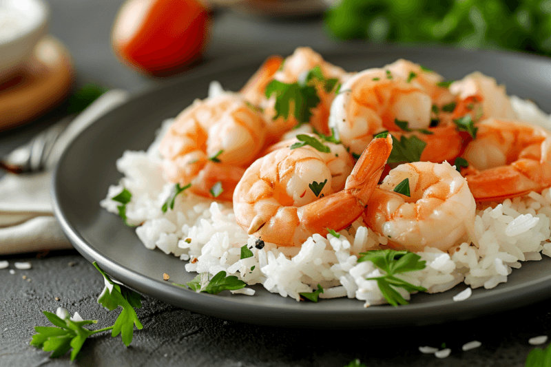 A black plate with a bed of white rice and some freshly cooked shrimp