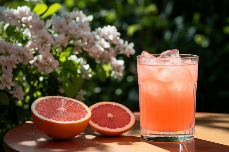 A glass containing a greyhound cocktail, next to two grapefruit halves and some flowers