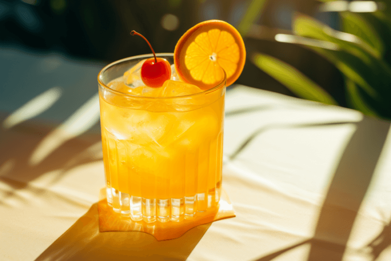 An orange hairy navel cocktail sitting on a table in the sun, with a glace cherry and a slice of orange