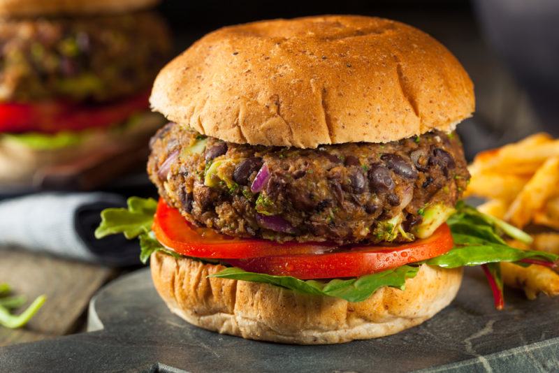 A hamburger made with a vegan mushroom patty