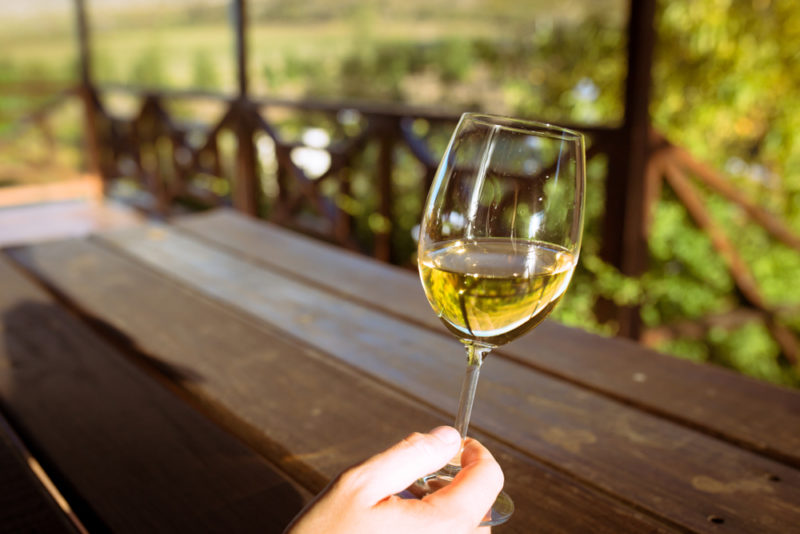 A hand holding a glass of chenin blanc outside in a vineyard in front of a wooden bench or table