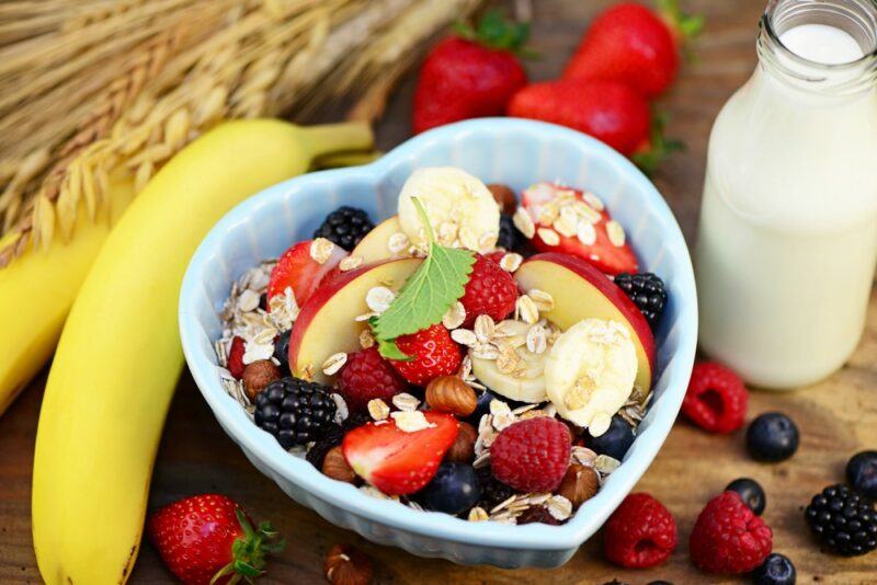 A blue bowl with fruit for breakfast