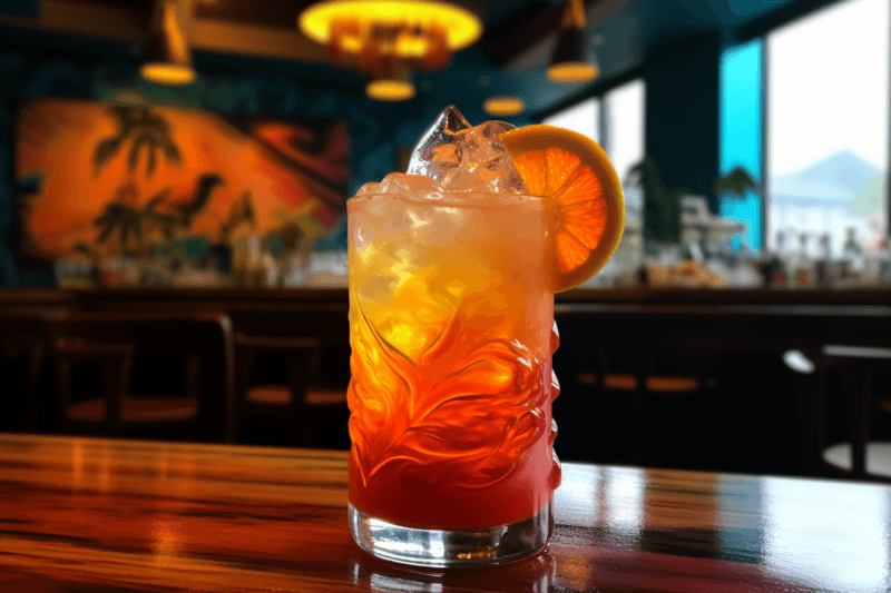 A beautiful glass containing a hurricane cocktail on a bar, including some windows that look outside