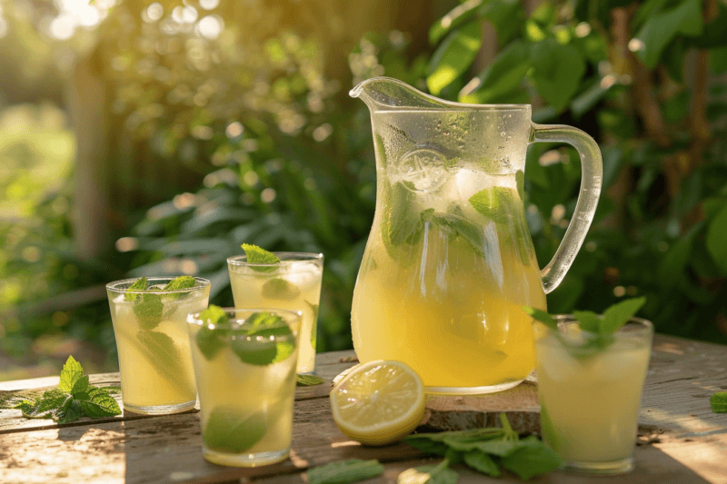 A picnic table outsie in the sun, with a large jug of mint lemonade, plus a few glasses of the lemonade.