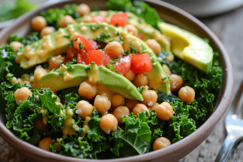 A large bowl made using kale, chickpeas, and avocados, one of many examples of a kale salad