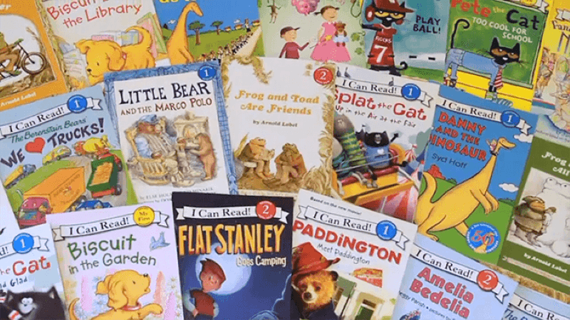 An array of kids books laid out so you can see their titles like Little Bear and Marco Polo, Frog and Toad are Friends, Paddington, Flat Standley, Biscuit in the Garden