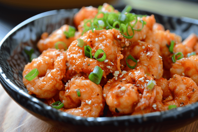 A large black bowl of bang bang shrimp that has been garnished with parsley