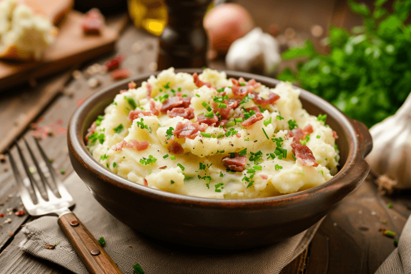 A large brown bowl filled with loaded mashed potatoes, next to a fork and various ingredients on a table.