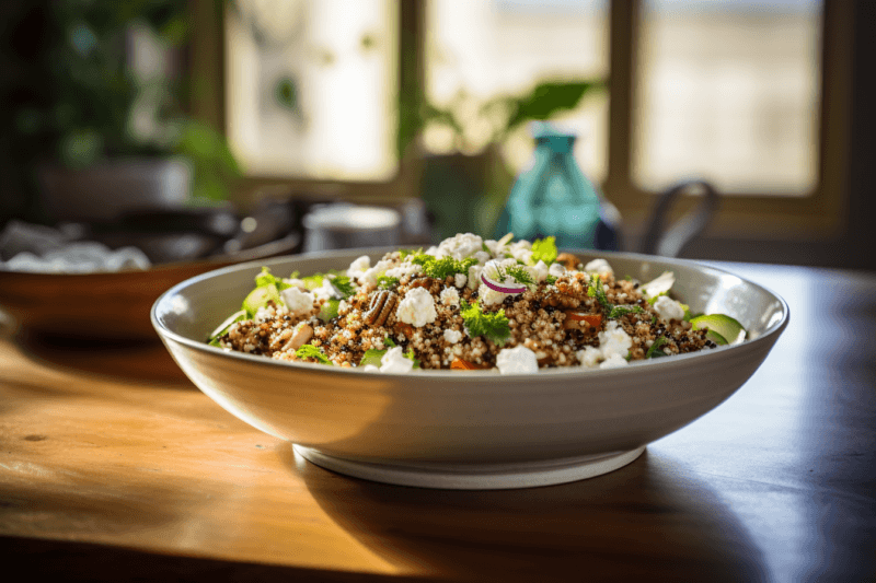 A wooden table with a light colored bowl of a quinoa salad made using feta, with a kitchen in the background