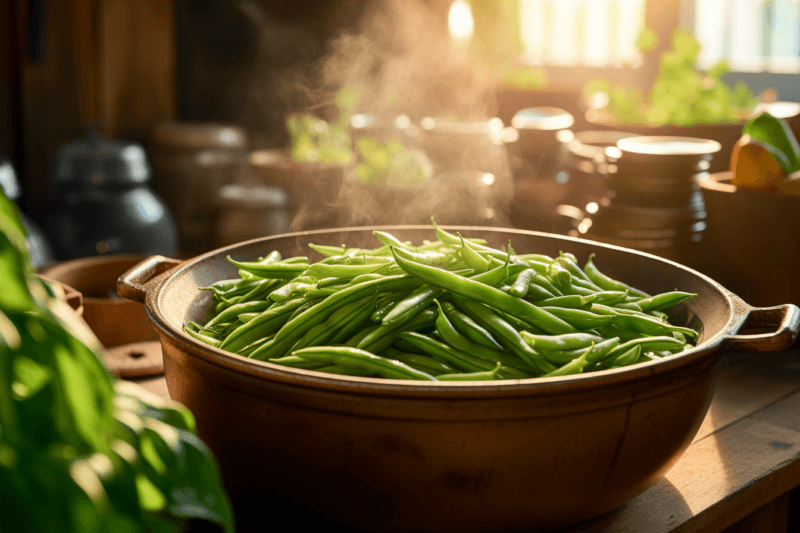 A large brown bowl filled with steaming green beans