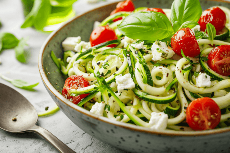 A large bowl that contains a fresh zoodle salad with tomatoes and feta