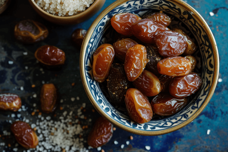 A blue and white bowl of dates, next to dates and some sugar on a table