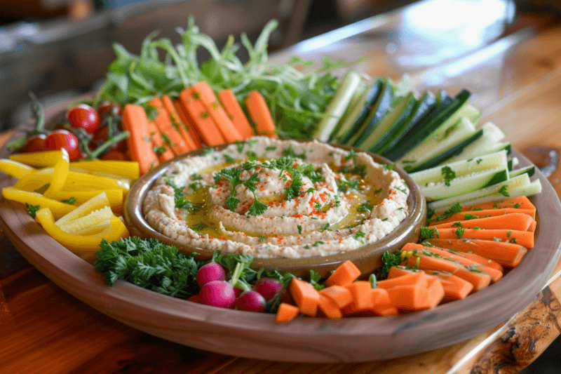 A large dish containing many types of fresh vegetables, plus a bowl of hummus