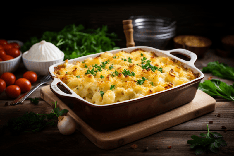 A large casserole dish on a wooden board, containing baked macaroni cheese, with cherry tomatoes, salt, greens, and other ingredients in the background