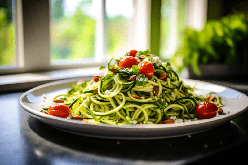 A large white plate containing a fresh zoodle salad with cherry tomatoes.