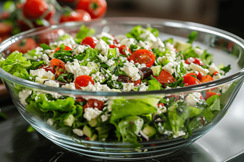 A large glass bowl containing a fresh salad made using lettuce, feta, and cucumber pieces