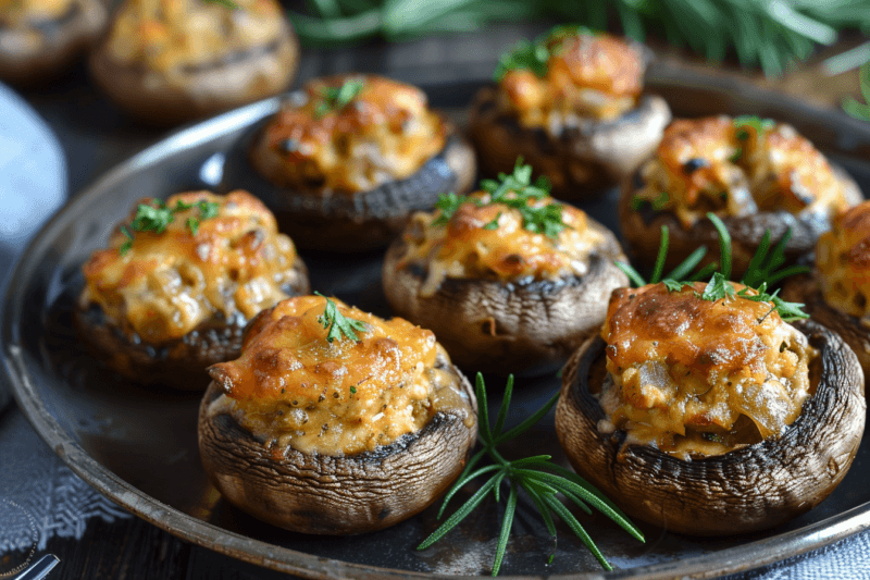 A collection of mushrooms that have been stuffed with breadcrumbs and parmesan, and then baked.