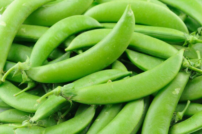 A large pile of bright green sugar snap peas that are ready to eat