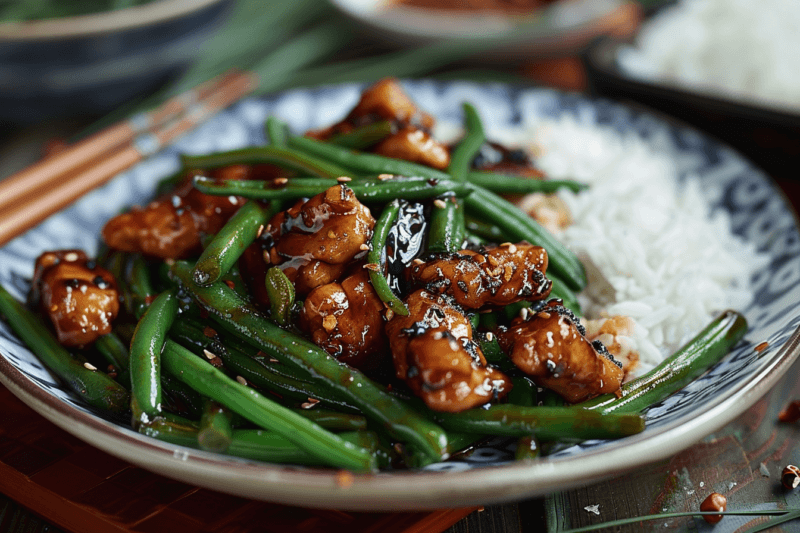 A large plate with General Tso's chicken, green beans, and rice