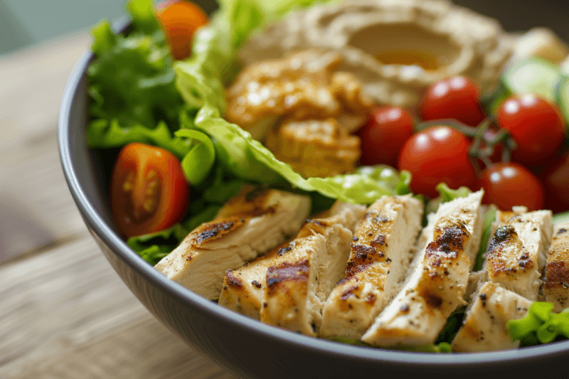 A large bowl containing lettuce, tomatoes, sliced chicken, and tomatoes. It would often be called a Buddha bowl or a protein bowl