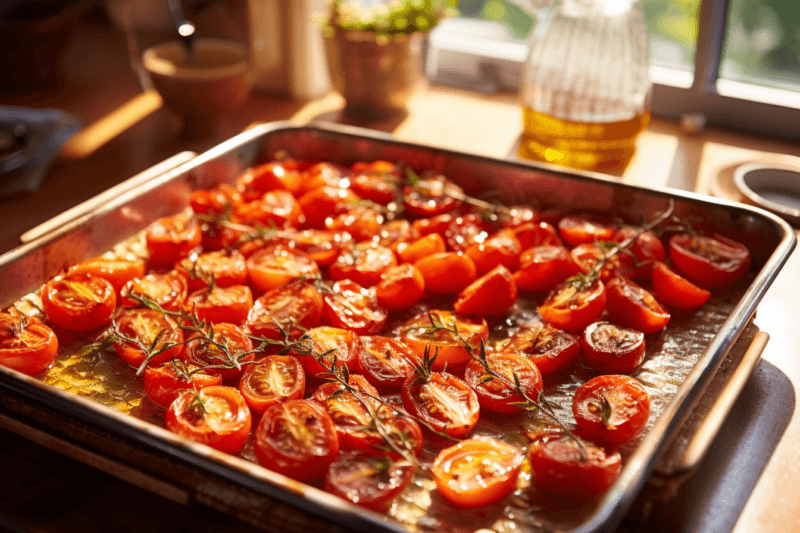 A baking tray with sliced roasted tomatoes, in a kitchen with jars in the background