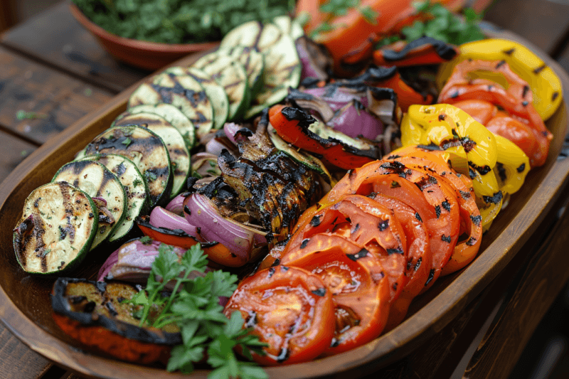 A large wooden plate will grilled vegetables that have been organized by type.